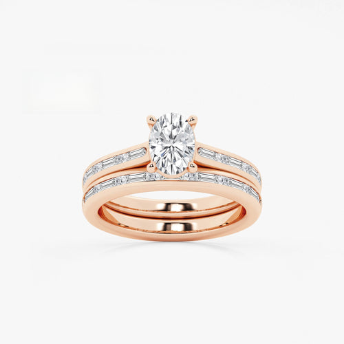 Synergy 1 3/4 ctw Oval Lab Grown Diamond Baguette and Princess Side Stone Bridal Set 14K Rose Gold, E, VS1 | IGI Certified, 1 ct Center