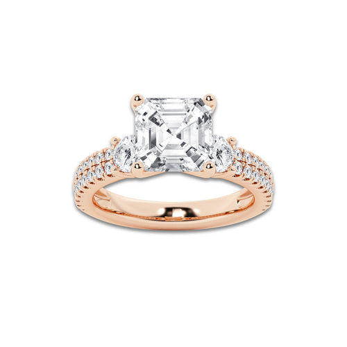 4.46 ctw Asscher Lab-Grown Diamond Three Stone Double Row Engagement Ring in 14K Rose Gold for Women | E Color, VS1 Clarity, IGI Certified 3.50 ct Center Diamond