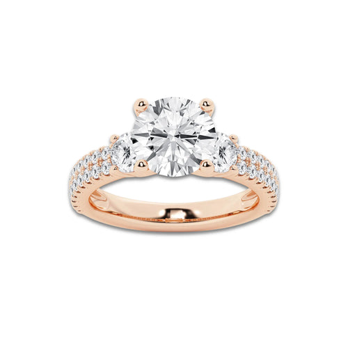 3.50 ctw Round Lab-Grown Diamond Three Stone Double Row Engagement Ring in 14K Rose Gold for Women | E Color, VS1 Clarity, IGI Certified 2.50 ct Center Diamond