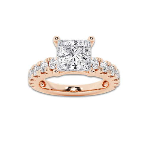 3.00 ctw Princess Lab-Grown Diamond Split-Prong Set Side Stone Engagement Ring in 14K Rose Gold for Women | Colorless E, VS1 Clarity, IGI Certified 2.00 ct Center Diamond