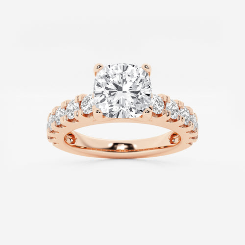 3.00 ctw Cushion Lab-Grown Diamond Split-Prong Set Side Stone Engagement Ring in 14K Rose Gold for Women | Colorless E, VS1 Clarity, IGI Certified 2.00 ct Center Diamond