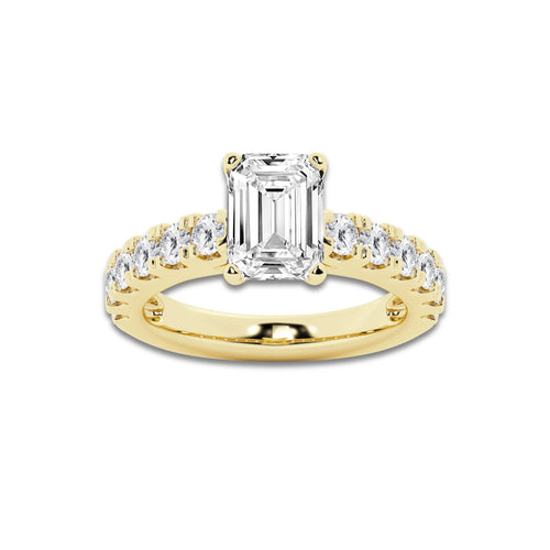 4.00 ctw Emerald Lab-Grown Diamond Split-Prong Set Side Stone Engagement Ring in 14K Yellow Gold for Women | Colorless E, VS1 Clarity, IGI Certified 3.00 ct Center Diamond