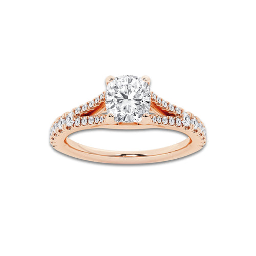 1.33 ctw Cushion Lab-Grown Diamond Split Shank Side Stone Engagement Ring in 14K Rose Gold for Women | Colorless E, VS1 Clarity, IGI Certified 1.00 ct Center Diamond