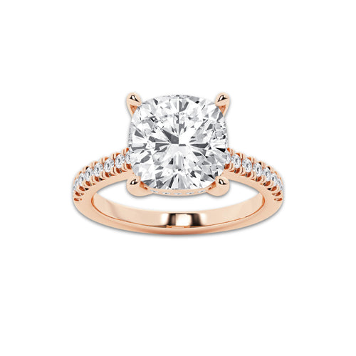 5.30 ctw Cushion Lab-Grown Diamond Hidden Halo Side Stone Engagement Ring in 18K Rose Gold for Women | Colorless D, VVS1 Clarity, IGI Certified 5.00 ct Center Diamond