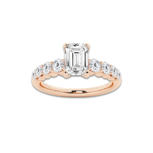 1.54 Ct Emerald Lab-Grown Diamond Half Eternity Engagement Ring in 14K Rose Gold for Female, Colorless (E), VS1 Clarity | IGI Certified, 1.00 Ct Center Diamond