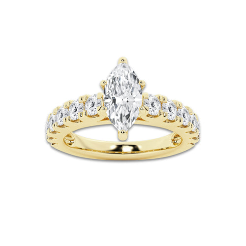 2.00 ctw Marquise Lab-Grown Diamond Split-Prong Set Side Stone Engagement Ring in 14K Yellow Gold for Women | Colorless E, VS1 Clarity, IGI Certified 1.00 ct Center Diamond