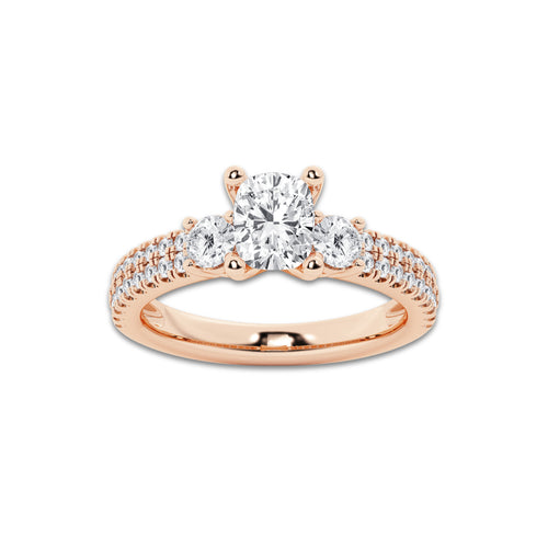 1.71 ctw Elongated Cushion Lab-Grown Diamond Three Stone Double Row Engagement Ring in 14K Rose Gold for Women | E Color, VS1 Clarity, IGI Certified 1.00 ct Center Diamond