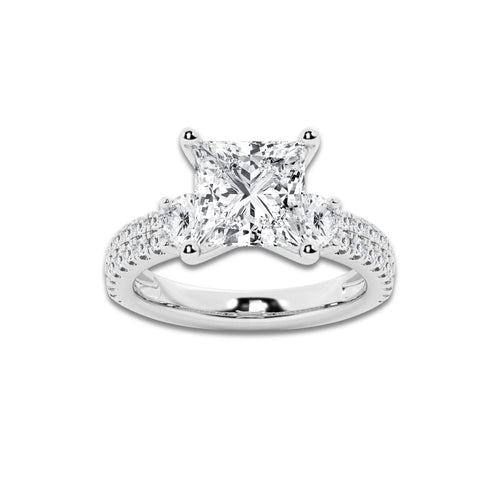 4.46 ctw Princess Lab-Grown Diamond Three Stone Double Row Engagement Ring in 14K White Gold for Women | D Color, VVS1 Clarity, IGI Certified 3.50 ct Center Diamond
