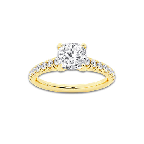 1.39 ctw Cushion Lab-Grown Diamond Pave Engagement Ring in 14K Yellow Gold for Women | E Color, VS1 Clarity, IGI Certified 1.00 ct Center Diamond