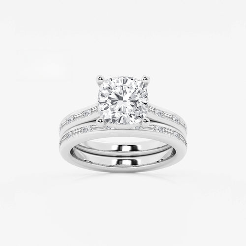 Synergy 3 3/4 ctw Cushion Lab Grown Diamond Baguette and Princess Side Stone Bridal Set Platinum, E, VS1 | IGI Certified, 3 ct Center