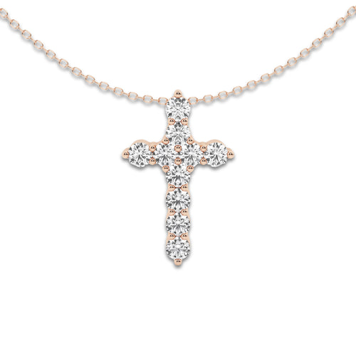 1 ctw Round Lab Grown Diamond Cross Pendant with Adjustable Chain 14K Rose Gold, DE, VS1