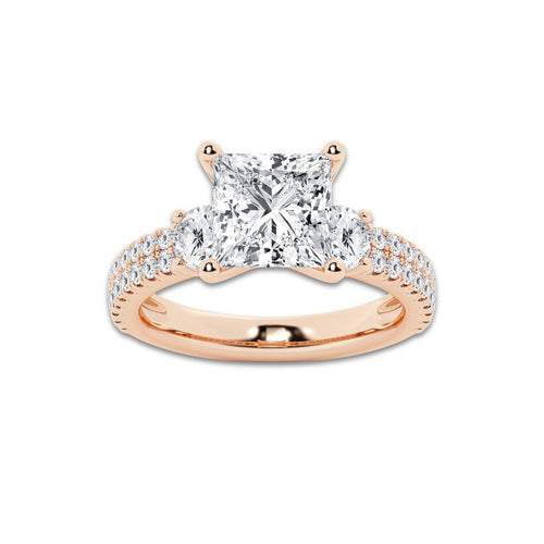 4.00 ctw Princess Lab-Grown Diamond Three Stone Double Row Engagement Ring in 14K Rose Gold for Women | D Color, VVS1 Clarity, IGI Certified 3.00 ct Center Diamond