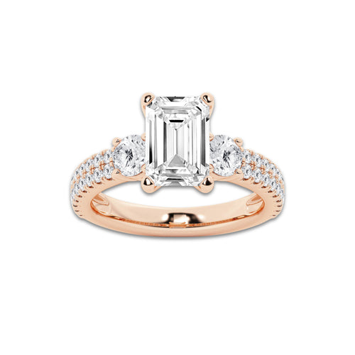 4.00 ctw Emerald Lab-Grown Diamond Three Stone Double Row Engagement Ring in 14K Rose Gold for Women | D Color, VVS1 Clarity, IGI Certified 3.00 ct Center Diamond
