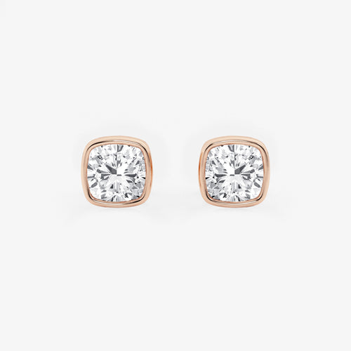 1 1/2 ctw Cushion Lab Grown Diamond Bezel Set Solitaire Stud Earrings 14K Rose Gold, E, VS1