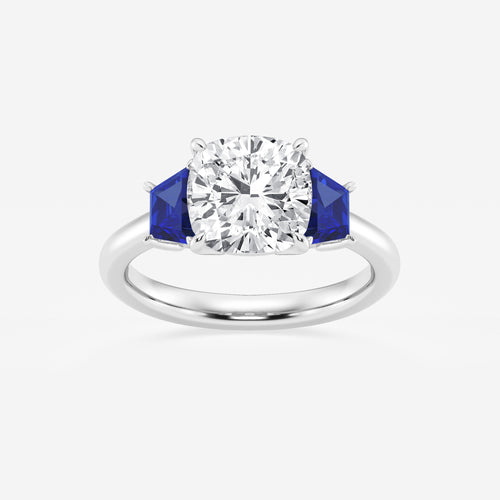 Camellia 3 ctw Cushion Lab Grown Diamond and 5.5x3.3x2.2 mm Trapezoid Created Sapphire Three-Stone Ring 14K White Gold, E, VS1 | IGI Certified, 3 ct Center