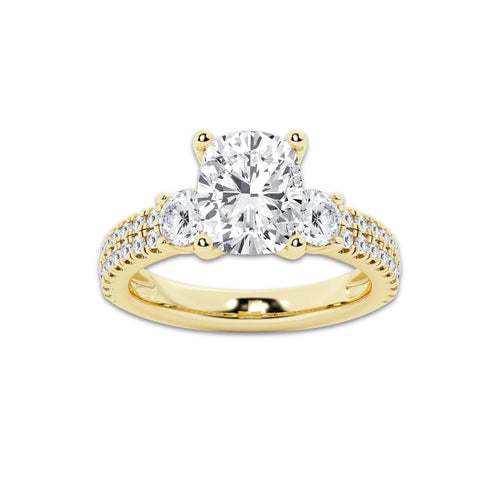7.06 ctw Elongated Cushion Lab-Grown Diamond Three Stone Double Row Engagement Ring in 14K Yellow Gold for Women | E Color, VS1 Clarity, IGI Certified 6.00 ct Center Diamond