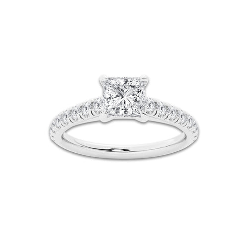 0.89 ctw Princess Lab-Grown Diamond Pave Engagement Ring in Platinum for Women | E Color, VS1 Clarity, IGI Certified 0.50 ct Center Diamond