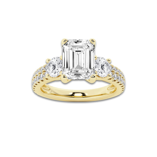 1.50 ctw Emerald Lab-Grown Diamond Three Stone Double Row Engagement Ring in 14K Yellow Gold for Women | E Color, VS1 Clarity, IGI Certified 0.75 ct Center Diamond