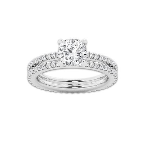 2.19 ctw Cushion Lab-Grown Diamond Double Row Diamond Engagement Ring in 14K White Gold for Women | Colorless D, VVS1 Clarity, IGI Certified 1.50 ct Center Diamond