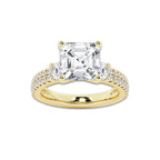 4.96 ctw Asscher Lab-Grown Diamond Three Stone Double Row Engagement Ring in 14K Yellow Gold for Women | D Color, VVS1 Clarity, IGI Certified 4.00 ct Center Diamond