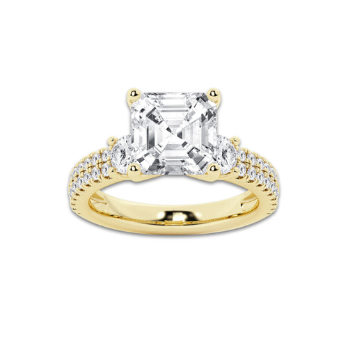 4.96 ctw Asscher Lab-Grown Diamond Three Stone Double Row Engagement Ring in 14K Yellow Gold for Women | D Color, VVS1 Clarity, IGI Certified 4.00 ct Center Diamond