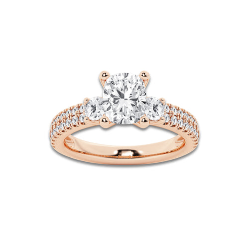 2.21 ctw Elongated Cushion Lab-Grown Diamond Three Stone Double Row Engagement Ring in 14K Rose Gold for Women | E Color, VS1 Clarity, IGI Certified 1.50 ct Center Diamond