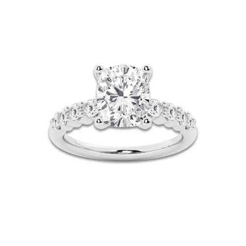 3.52 Ct Elongated Cushion Lab-Grown Diamond Half Eternity Engagement Ring in 14K White Gold for Female, Colorless (E), VS1 Clarity | IGI Certified, 3.00 Ct Center Diamond