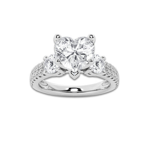 3.00 ctw Heart Lab-Grown Diamond Three Stone Double Row Engagement Ring in 14K White Gold for Women | E Color, VS1 Clarity, IGI Certified 2.00 ct Center Diamond