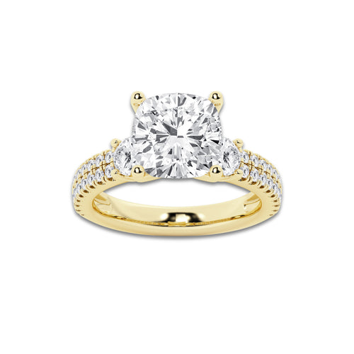 4.96 ctw Cushion Lab-Grown Diamond Three Stone Double Row Engagement Ring in 14K Yellow Gold for Women | E Color, VS1 Clarity, IGI Certified 4.00 ct Center Diamond