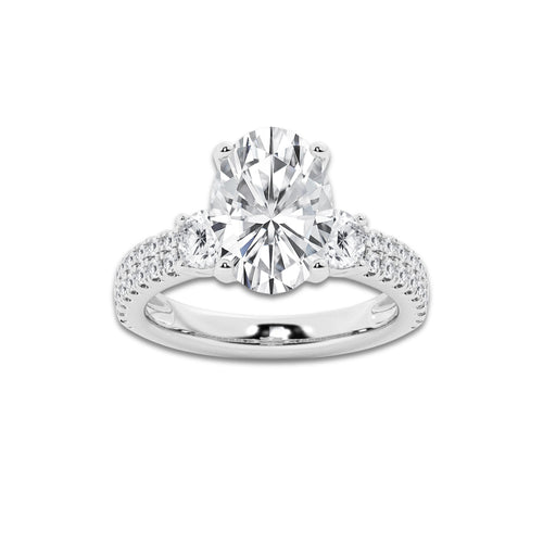 4.46 ctw Oval Lab-Grown Diamond Three Stone Double Row Engagement Ring in Platinum for Women | E Color, VS1 Clarity, IGI Certified 3.50 ct Center Diamond