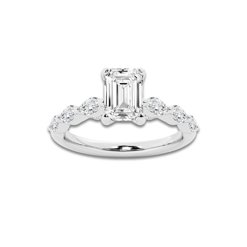 1.16 ctw Emerald Lab-Grown Diamond Marquise Side Stone Engagement Ring in 14K White Gold for Women | Colorless E, VS1 Clarity, IGI Certified 0.75 ct Center Diamond