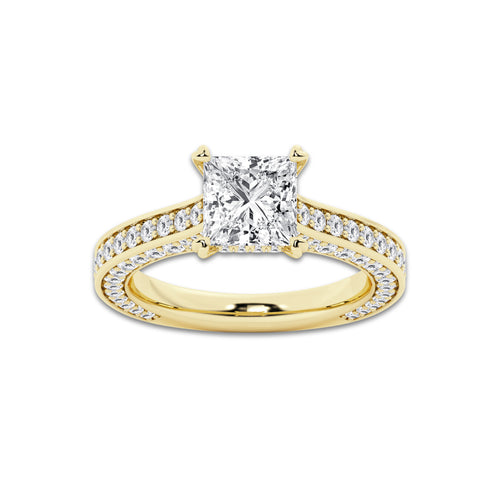 Kelly 3 ctw Princess Lab Grown Diamond Pave Profile Side Stone Engagement Ring 14K Yellow Gold, E, VS1 | IGI Certified, 2 ct Center
