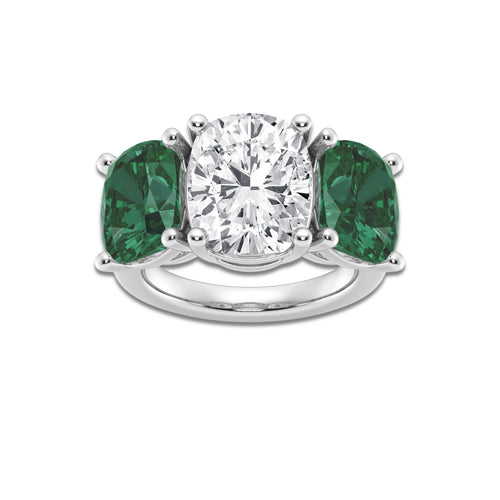 Buttercup 7 1/2 ctw Elongated Cushion Cut Emerald and Elongated Cushion Lab Grown Diamond Three Stone Engagement Ring 14K White Gold, D, VVS | IGI Certified, 4 1/2 ct Center