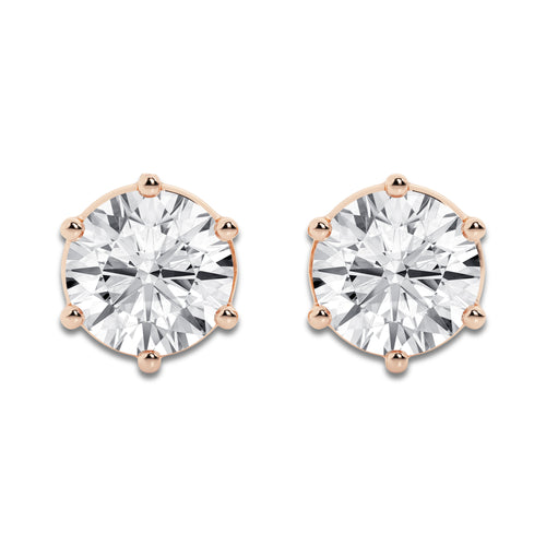 10 ctw Round Colorless Lab Grown Diamond Six Prong Stud Earrings 14K Rose Gold, E, VS1 | IGI Certified