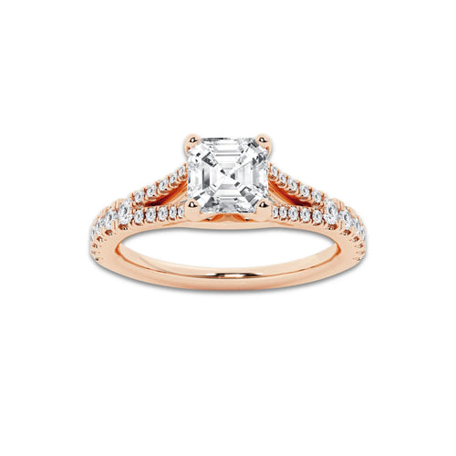 1.08 ctw Asscher Lab-Grown Diamond Split Shank Side Stone Engagement Ring in 14K Rose Gold for Women | Colorless E, VS1 Clarity, IGI Certified 0.75 ct Center Diamond