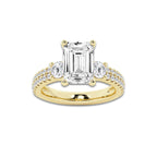 4.46 ctw Emerald Lab-Grown Diamond Three Stone Double Row Engagement Ring in 14K Yellow Gold for Women | D Color, VVS1 Clarity, IGI Certified 3.50 ct Center Diamond