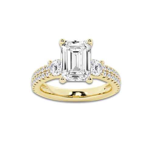 4.46 ctw Emerald Lab-Grown Diamond Three Stone Double Row Engagement Ring in 14K Yellow Gold for Women | D Color, VVS1 Clarity, IGI Certified 3.50 ct Center Diamond