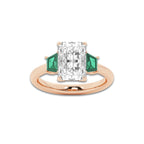 Camellia 3 ctw Radiant Lab Grown Diamond and 5.5x3.3x2.2 mm Trapezoid Created Emerald Three-Stone Ring 14K Rose Gold, D, VVS | IGI Certified, 3 ct Center