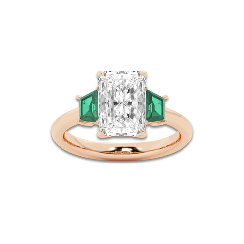 Camellia 3 ctw Radiant Lab Grown Diamond and 5.5x3.3x2.2 mm Trapezoid Created Emerald Three-Stone Ring 14K Rose Gold, D, VVS | IGI Certified, 3 ct Center