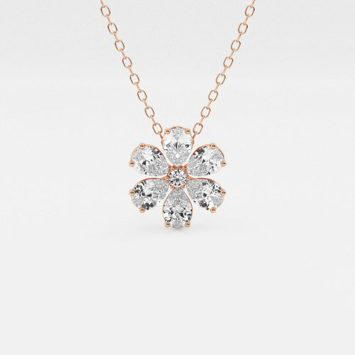 7/8 ctw Pear and Round Lab Grown Diamond Flower Pendant with Adjustable Chain 18K Rose Gold, DE, VS1