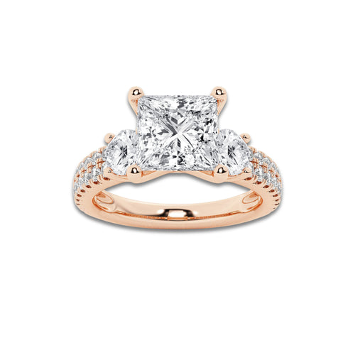 3.00 ctw Princess Lab-Grown Diamond Three Stone Double Row Engagement Ring in 14K Rose Gold for Women | D Color, VVS1 Clarity, IGI Certified 2.00 ct Center Diamond