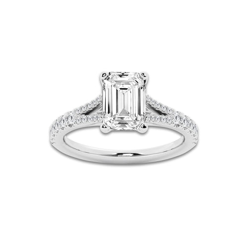 3.33 ctw Emerald Lab-Grown Diamond Split Shank Side Stone Engagement Ring in Platinum for Women | Colorless E, VS1 Clarity, IGI Certified 3.00 ct Center Diamond