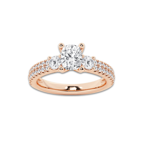 1.46 ctw Elongated Cushion Lab-Grown Diamond Three Stone Double Row Engagement Ring in 14K Rose Gold for Women | E Color, VS1 Clarity, IGI Certified 0.75 ct Center Diamond