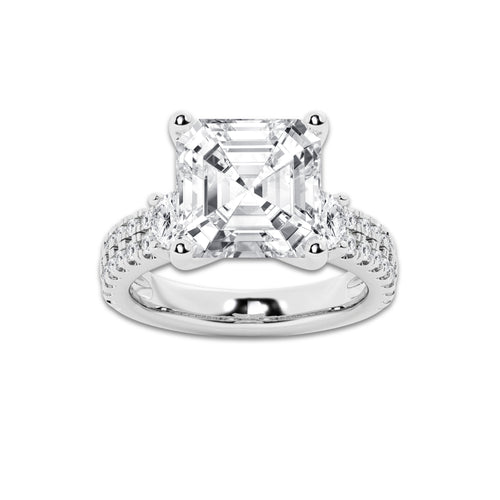 7.96 ctw Asscher Lab-Grown Diamond Three Stone Double Row Engagement Ring in 14K White Gold for Women | E Color, VS1 Clarity, IGI Certified 7.00 ct Center Diamond