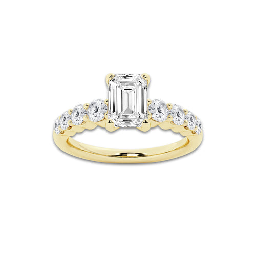 1.29 Ct Emerald Lab-Grown Diamond Half Eternity Engagement Ring in 14K Yellow Gold for Female, Colorless (E), VS1 Clarity | IGI Certified, 0.75 Ct Center Diamond
