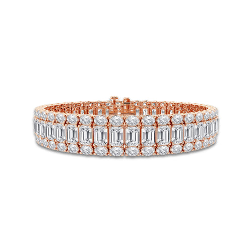 25 1/2 ctw Emerald Lab Grown Diamond Three Row Bracelet - 7 Inches 14K Rose Gold, DE, VS1
