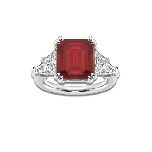 Cajon 11.00 x 9.00mm Lab Created Ruby and 1 2/5 ctw Trapezoid & Baguette Lab Grown Diamond Ring 14K White Gold