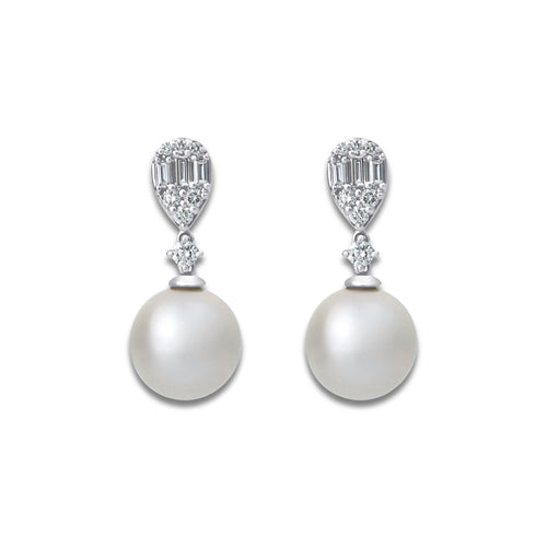 11 mm Freshwater Pearl and 1/2 ctw Lab Grown Diamond Drop Earrings 14K White Gold, Fresh Water