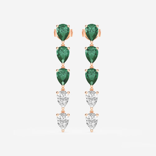 7.0X5.0 mm Pear Shaped Created Emerald and 2 2/5 ctw Pear Lab Grown Diamond Dangle Earrings 14K Rose Gold