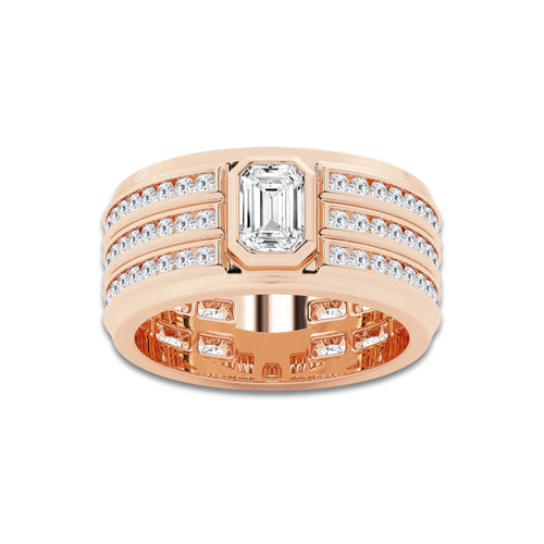 3 ctw Emerald Lab Grown Diamond Men's Three Row Eternity Band - 10.5mm Width 14K Rose Gold, E, VS1 | IGI Certified, 1 ct Center